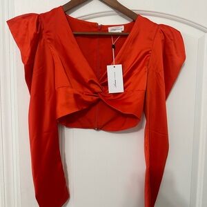 Lovers + Friends Red Satin Twist-Knot Crop Top